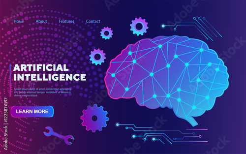 Futuristic illustration of a brain formed by glowing neural connections, gears, and digital elements on a dark gradient background. Innovation concept. Vector illustration
