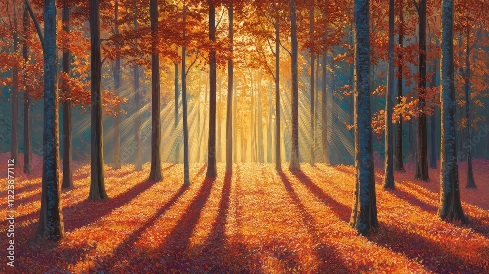 Fototapeta premium A scenic autumn sunrise over a forest, with golden light illuminating the vibrant foliage and casting long shadows on the ground.