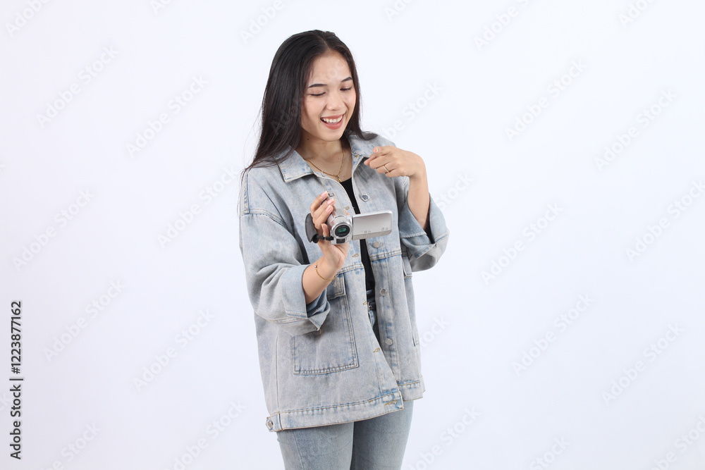 Woman Holds Camcorder, Recording Video Content Enthusiastically on White Background Woman Holds Camcorder, Recording Video Content Enthusiastically on White Background
