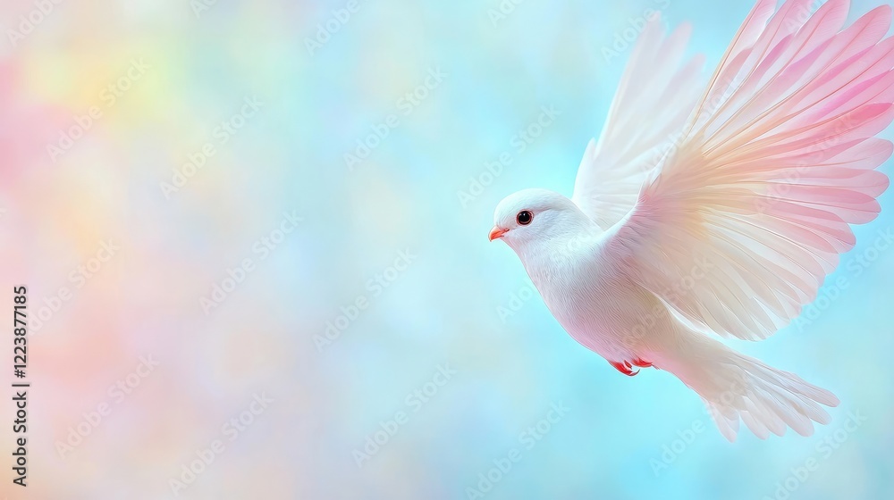 White dove in flight, pastel background, peace concept, spiritual imagery White dove in flight, pastel background, peace concept, spiritual imagery