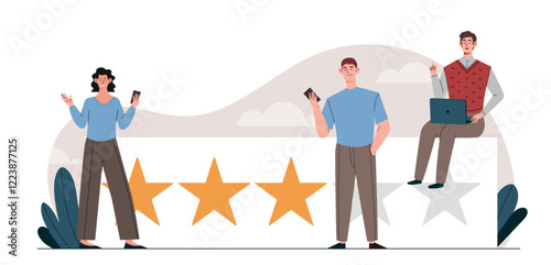 Group of people with stars, holding devices, and interacting on a light background with clouds. Concept of customer rating, feedback, and satisfaction. Vector illustration