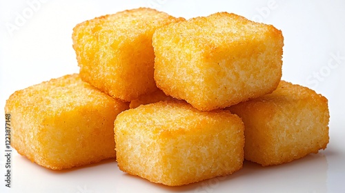 Golden polenta cubes, food photography, white background, appetizing snack