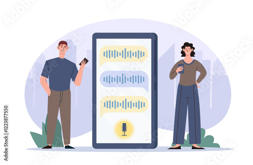 Two people using a smartphone with a large chat screen, showcasing voice messages. Modern flat style on a cityscape background. Communication concept. Vector illustration