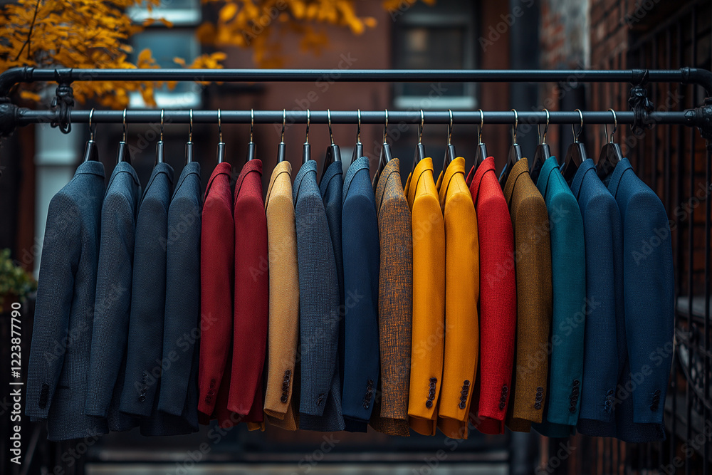 A Dynamic Clothing Rail Displaying Menswear with Modern and Bold Styles, Perfect for Fashion-Forward Displays A Dynamic Clothing Rail Displaying Menswear with Modern and Bold Styles, Perfect for Fashion-Forward Displays