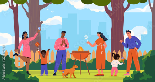 Diverse group enjoying a backyard barbecue with food, drinks, and a dog under trees, set against a cityscape background. Celebration concept. Flat cartoon vector illustration