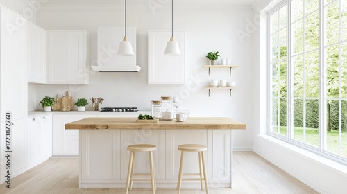 Bright kitchen island, wooden countertop, plants, window view, home design
