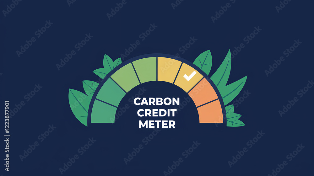 Fototapeta premium Carbon Credit Meter Showing Good Performance with Check Mark surrounded by stylized leafs