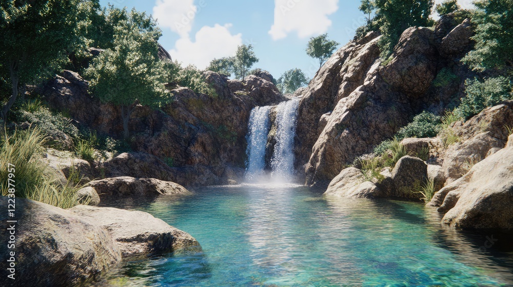 Fototapeta premium A serene waterfall in a hidden mountain valley, with water cascading over large rocks into a crystal-clear pool.