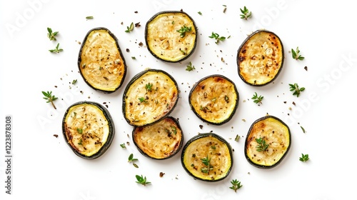 Char-grilled zucchini slices with herbs, isolated on a clean white backdrop, photo