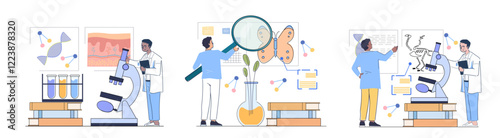 Scientists conducting research using microscopes, analyzing DNA, fossils, and butterflies in a lab setting. Flat graphic style, white background. Science concept. Flat line art vector illustration.