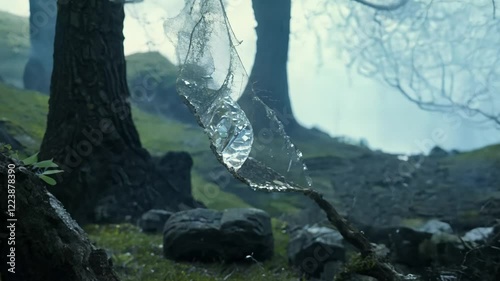 Dolly out video of crystal-embedded ancient stones, twisted tree trunks and shimmering spiderwebs under diffused light, the spiderwebs catch the soft light creating a delicate shimmer