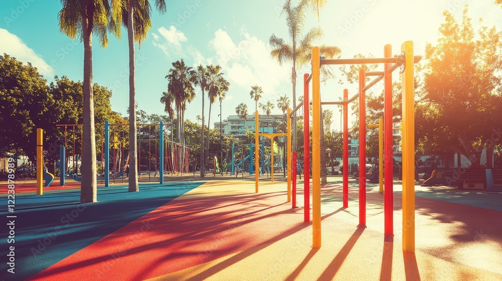 Fototapeta premium A vibrant calisthenics park with high bars, monkey bars, and a dip station under bright sunlight and clear skies.