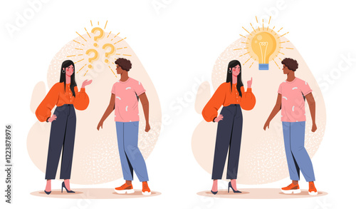 Two people assembling a light bulb and question mark against a textured background with speech bubbles, symbolizing problem-solving and teamwork. Vector illustration