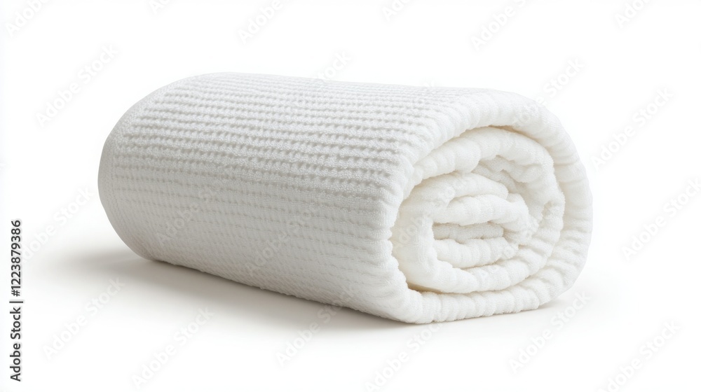 Soft white waffle weave blanket rolled up, ready for cozy comfort. Soft white waffle weave blanket rolled up, ready for cozy comfort.
