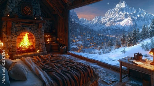 Wallpaper Mural Cozy bedroom in a wooden cabin with a glowing fireplace and a panoramic snowy mountain view. Seamless looping time lapse animation video background  
 Torontodigital.ca
