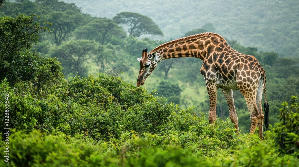 A giraffe grazing on leaves in a lush, green wildlife reserve