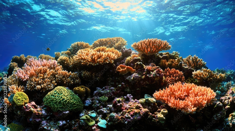 Fototapeta premium Vibrant coral reef teeming with life underwater, sunlit ocean scene, ideal for marine conservation campaigns