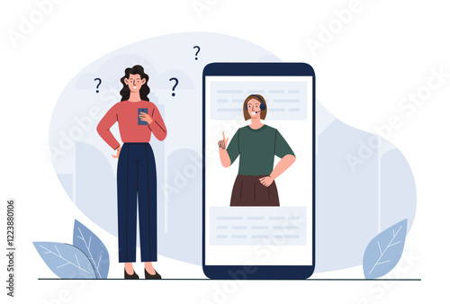 Illustration of a confused woman with a smartphone and a virtual assistant on her screen. Minimalist design on a light background. Concept of online support. Vector illustration