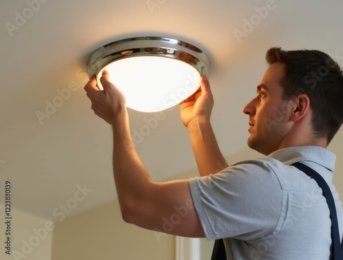 Electrician installing a new ceiling light fixture in a house