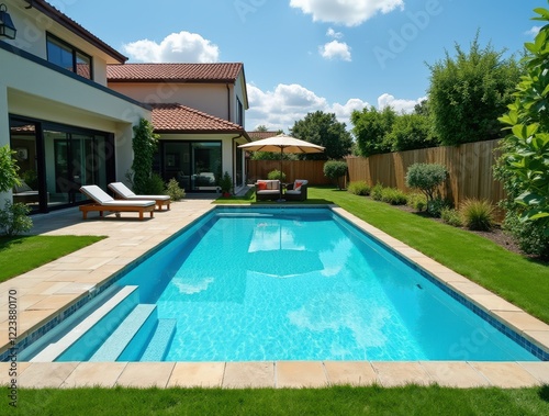 Inviting swimming pool with clean turquoise water near modern house photo