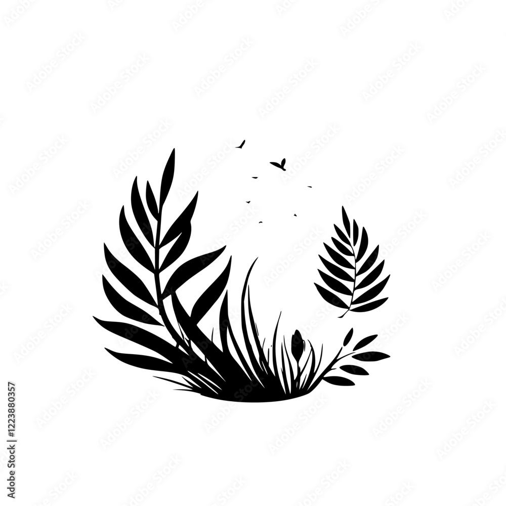 Fototapeta premium Monochrome Botanical Illustration: Elegant Silhouette of Plants and Birds. Nature-inspired design, perfect for eco-conscious brands and nature lovers.