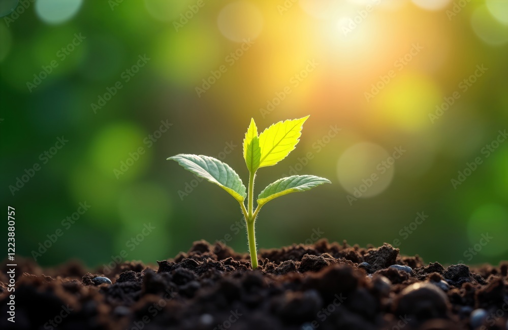 Young plant sprout grows out of dark fertile soil. Sunlight shines on new growth. Healthy new life. Eco friendly. Nature background blurred. Life cycle. Hope. New beginnings. Sustainable development.