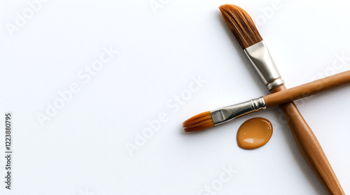 A blank white canvas with a set of artist paints and brushes photo