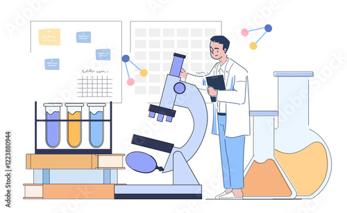 Scientist in a lab with a microscope, test tubes, and flasks. Minimalist style, white background. Concept of scientific research and innovation. Flat line art vector illustration