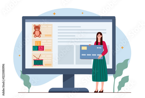 Woman holding credit card in front of large screen displaying online toy store interface. Flat design illustration with a shopping concept on white background. Vector illustration.