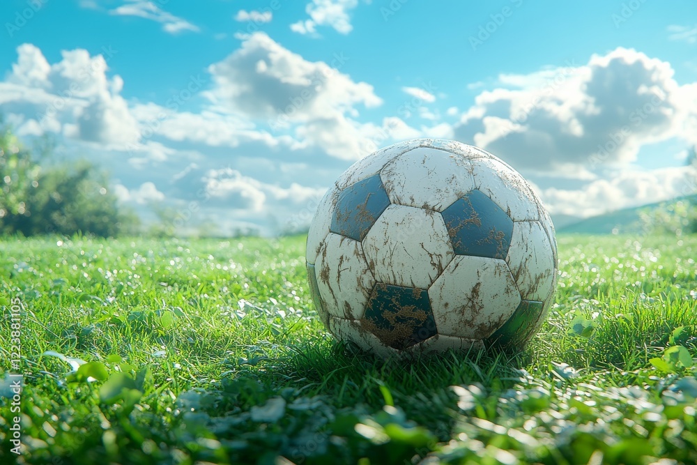Fototapeta premium Tranquil Scene of Soccer Ball on Freshly Cut Grass in Sports Field Under Clear Sky Perfect for Recreation