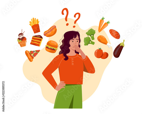 Woman thinking, surrounded by fast food and healthy options, colorful and flat design on white background. Concept of diet, food choices. Vector illustration