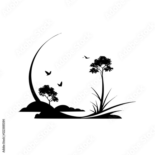 Serene Landscape: Minimalist Black and White Nature Scene with Trees, Birds, and Peaceful Sky