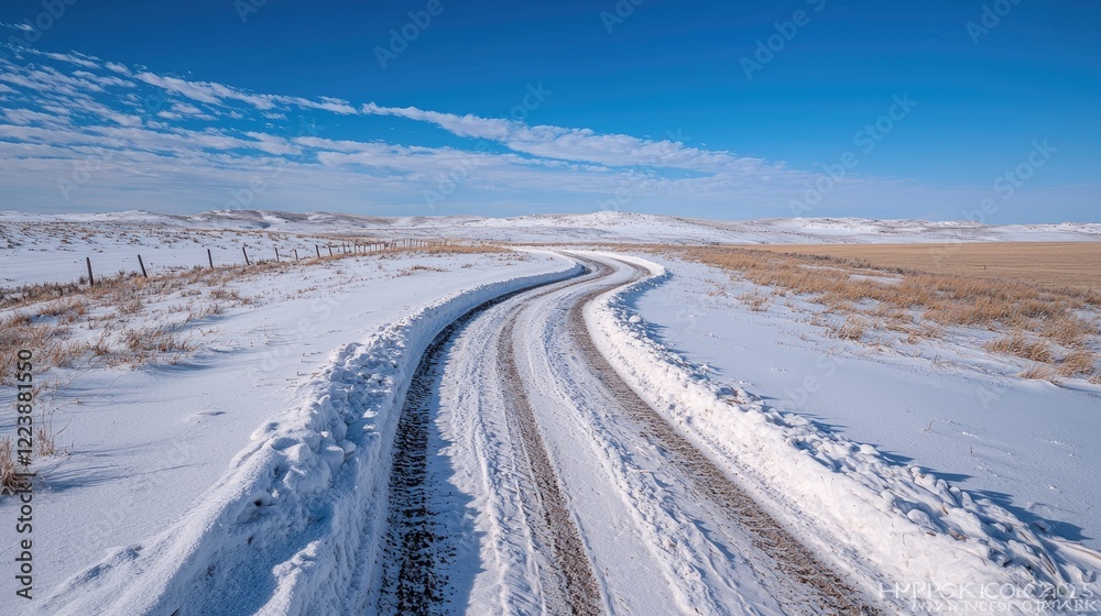 Snowy country road curving through winter landscape Snowy country road curving through winter landscape