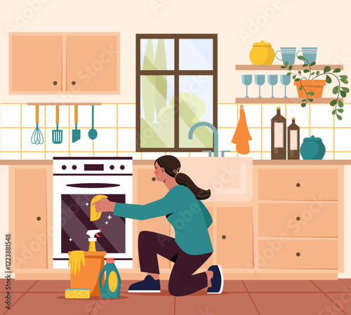 Woman cleaning an oven in a tidy kitchen with cleaning supplies. Modern flat graphic style on a light background. Concept of household chores and cleanliness. Vector illustration