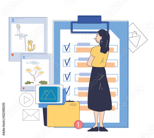 Woman stands in front of a clipboard with a checklist, surrounded by creative icons and folders, symbolizing organization. Vector illustration