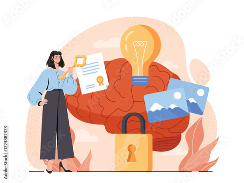 Woman holding key and certificate near brain, lightbulb, images, and lock with abstract background. Concept of intellectual property and creativity. Vector illustration