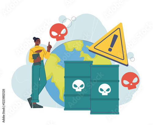 Woman holding clipboard, pointing at toxic barrels with skull symbols near a globe, warning signs and red skulls around. Environmental hazard concept. Vector illustration