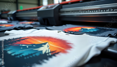 T-shirts printed with modern machine. Digital printing process seen in action on blank t-shirts. Sunrisesunset design applied to white, grey shirts. Production facility clean, well-organized. photo