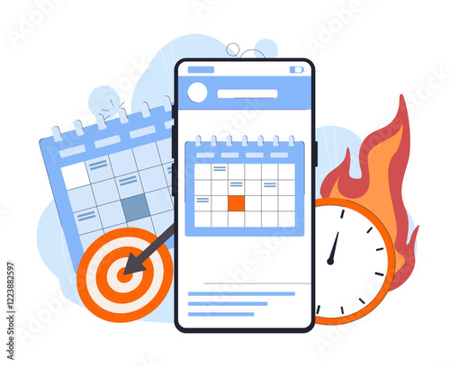 Illustration of calendars, a smartphone, a target, a clock, and flames on a white background. Represents time management, deadlines, and scheduling. Vector illustration