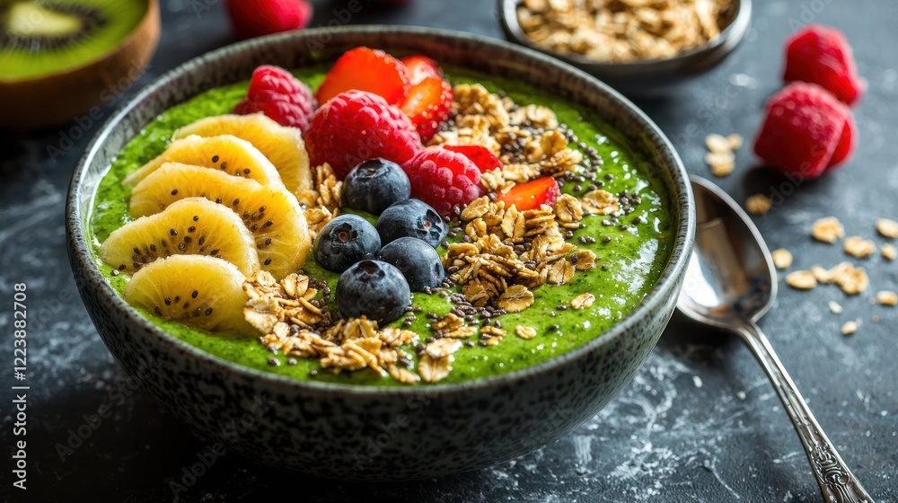 A refreshing green smoothie bowl topped with fresh fruit and granola
