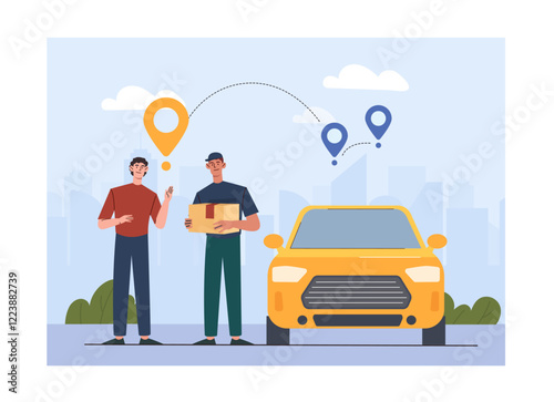 Two men interacting, one holding a package, with a car and location markers in the background. Flat style, urban setting. Concept of delivery service. Vector illustration