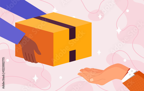 A hand passing an orange package to another on a light abstract background with swirling pink shapes and sparkles. Concept of delivery and shipping. Vector illustration
