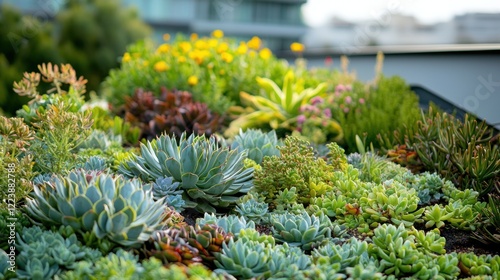 Obraz na płótnie A rooftop garden with a variety of greenery, including succulents and flowering plants. w salonie