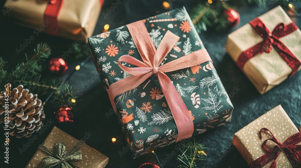 A stylish gift bag with festive patterns, surrounded by wrapped presents