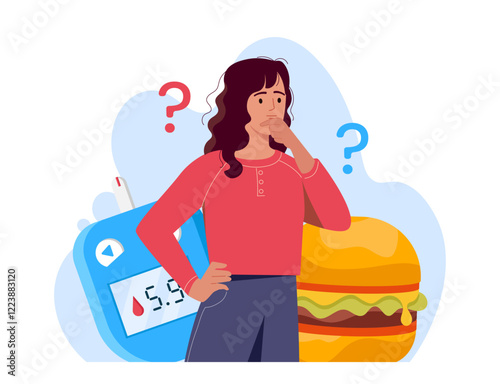 Woman thinking with a glucose meter and a burger behind her, surrounded by question marks on a white background. Concept of diet and health choices. Vector illustration