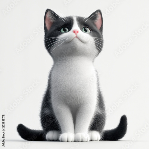 Black and white cat sitting on ground, staring at a small bird perched nearby, under a leafy tree in a sunny garden.