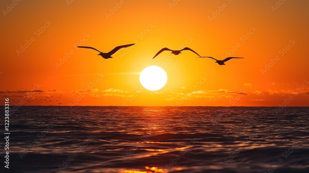 A vibrant golden sunset with silhouettes of birds flying over the sea