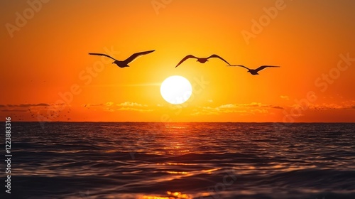 Obraz na płótnie A vibrant golden sunset with silhouettes of birds flying over the sea w salonie