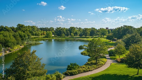 Obraz na płótnie An expansive grand park with a large lake, surrounded by lush greenery and walking trails w salonie