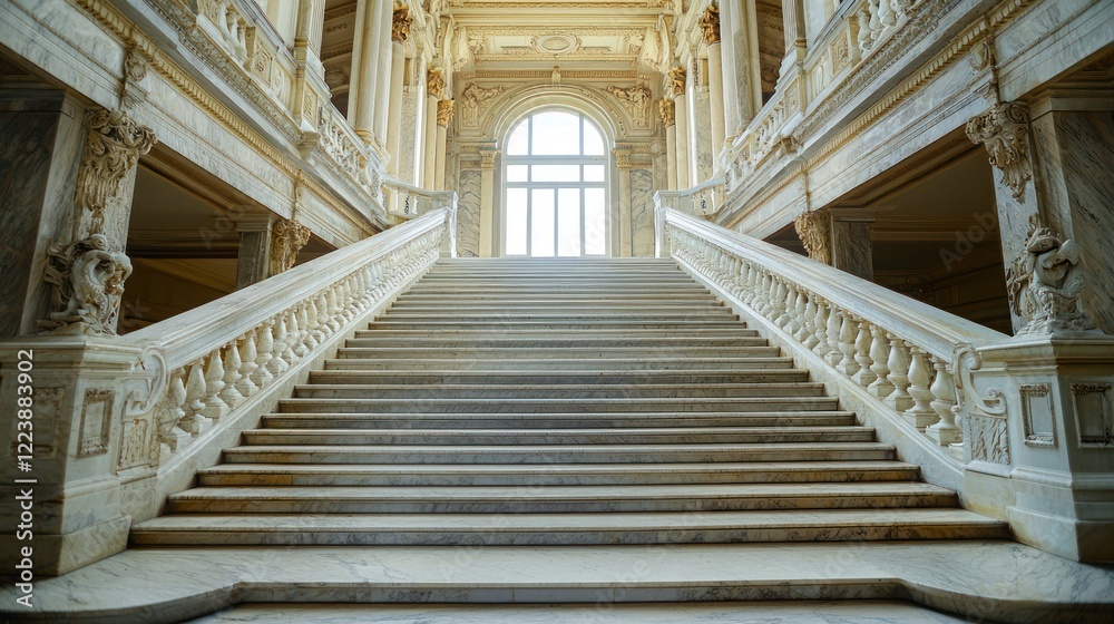 An impressive marble staircase leading up to a grand entrance in a historic building